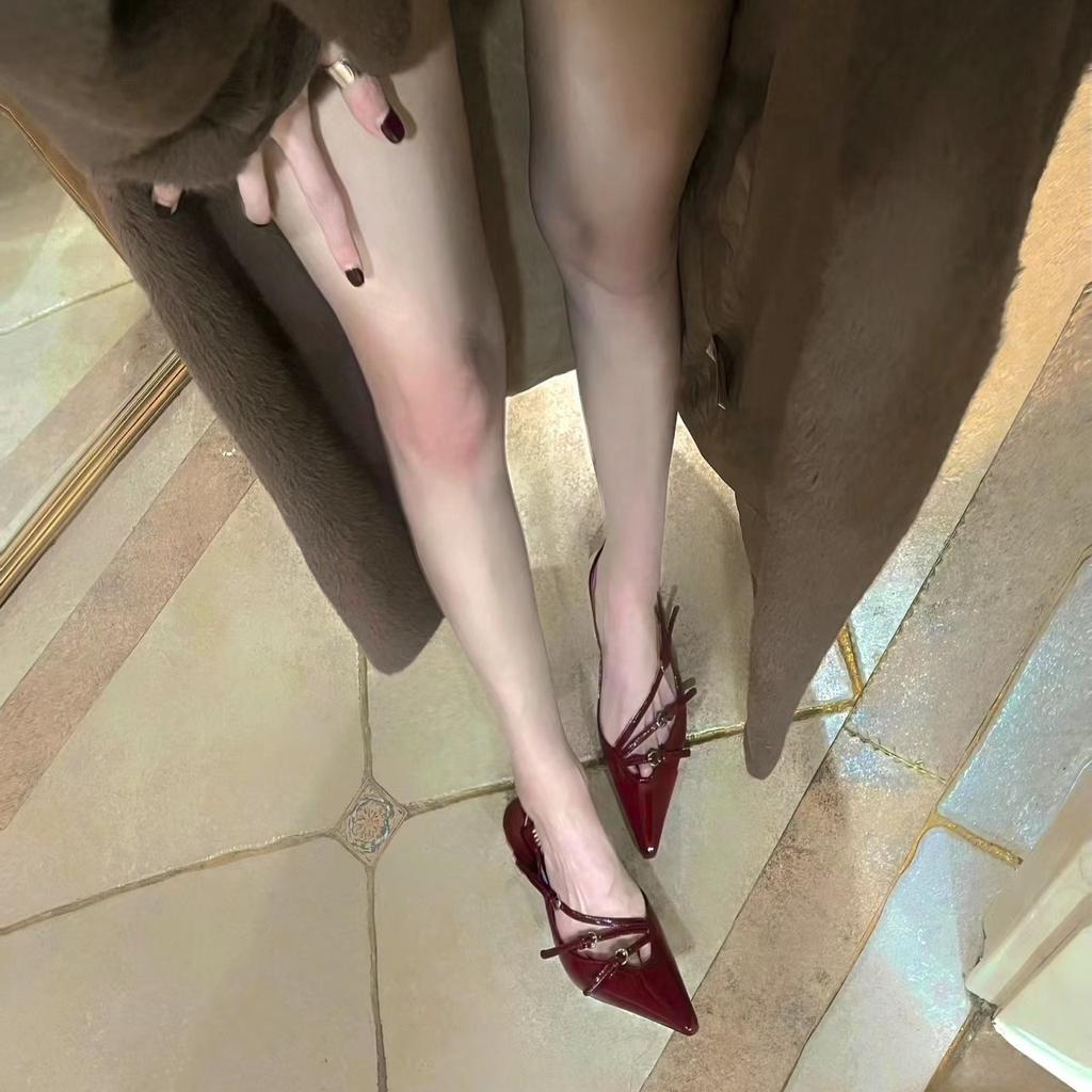 2026 One Word Buckle With Heel Baotou Sandals Female Sense Of Black Silk Pointed Fine Heeled High-heeled Shoes Sophisticated Generous Women's Shoes