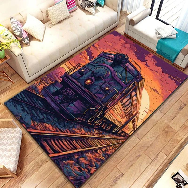 Zug Bereichsteppich für Mädchen Jungen Retro Dampfmaschine Teppich Eisenbahngleis Transport Fußmatte 3D Vintage Fahrzeuge Wohnzimmer Fußmatte