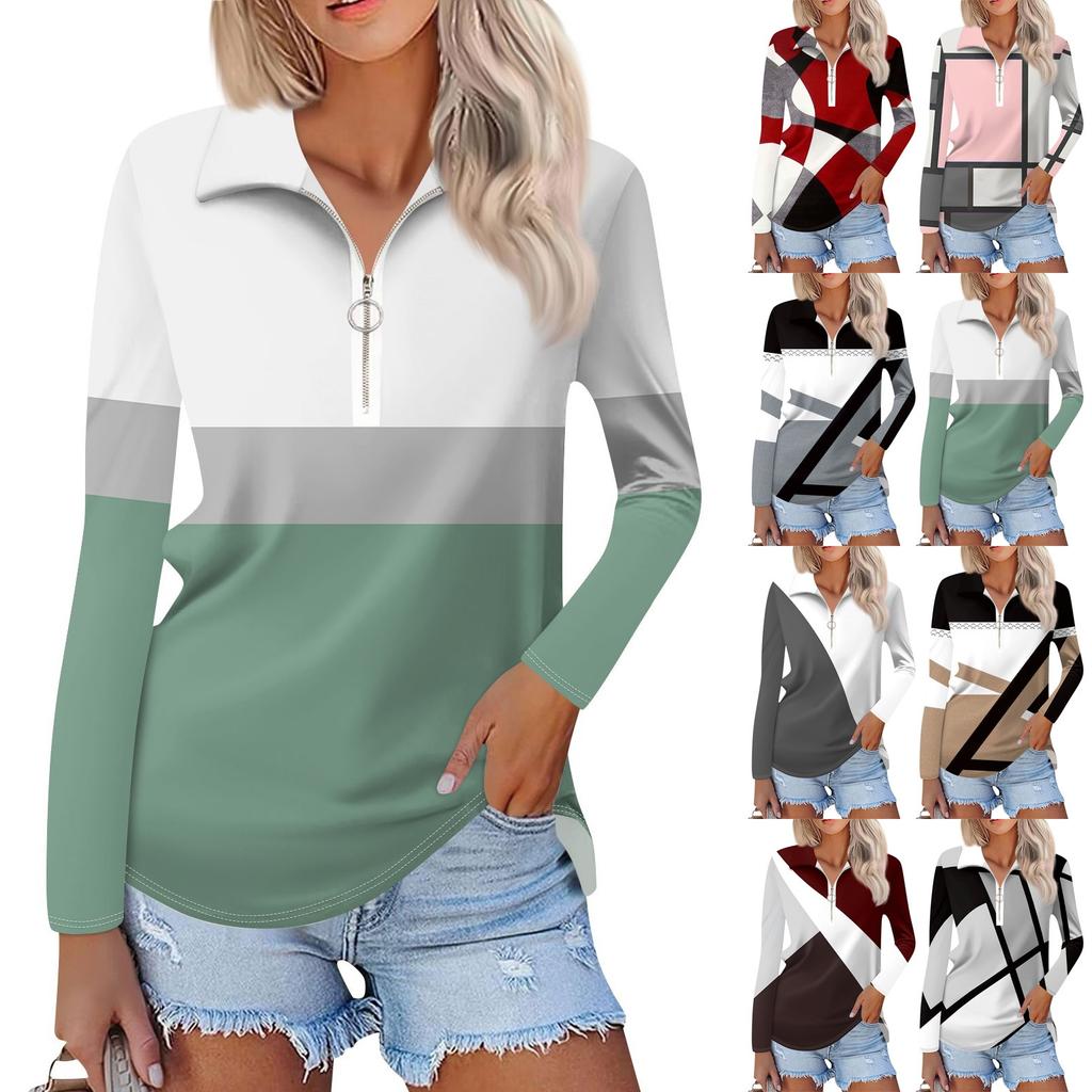 Women's Spring And  Fashion Casual  Printed Zipper V-Neck Long Sleeve Shirt Tops