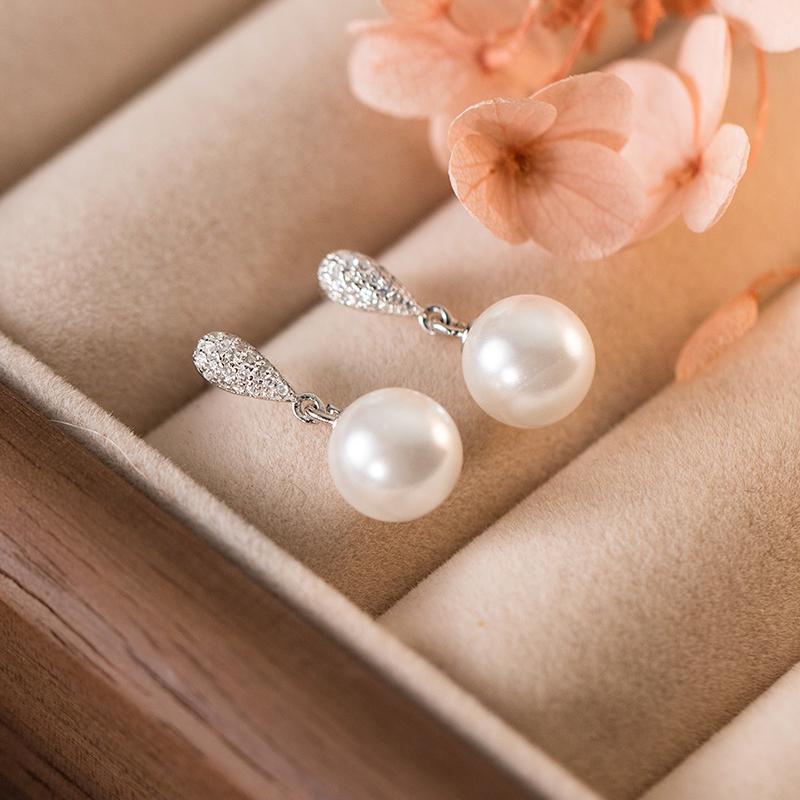 INZATT Real 925 Silver Full Zircon Water Drop Pearl Pendant Stud Earrings for Women OL Fine Jewelry Luxury Accessories