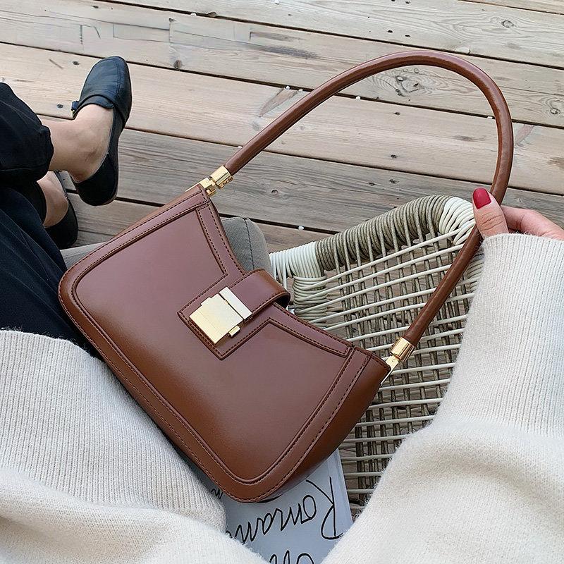 Shoulder Bags For Women Solid Color PU Leather 2024 Trend Lock Handbags Small Purse Hand Lady Designer Zipper Clutch
