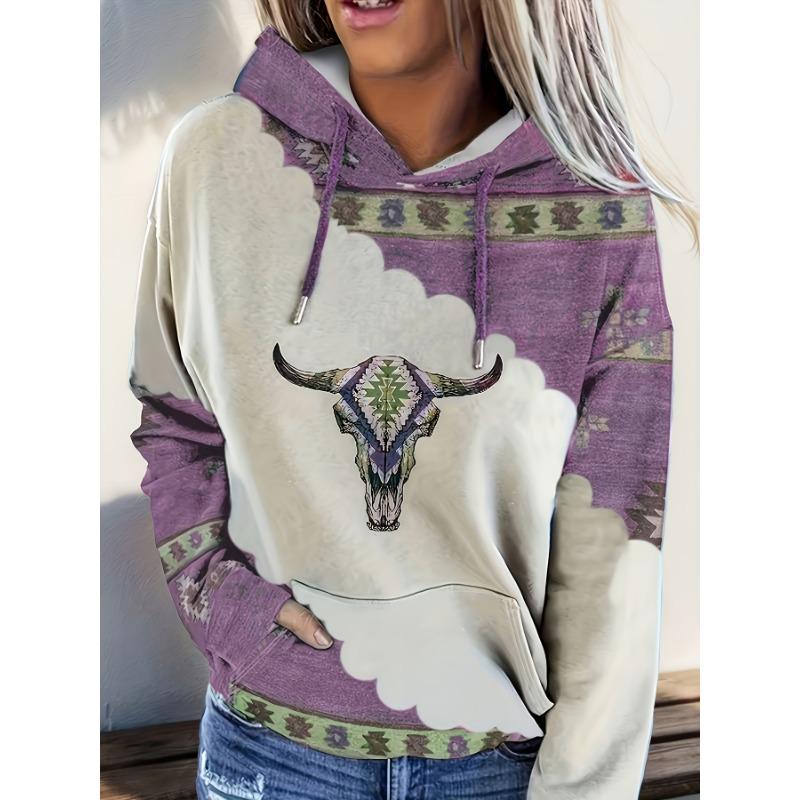 Women's Casual Fashion Round Neck Pullover Hoodie, Western Ethnic Style Vintage Print Top Hoodie
