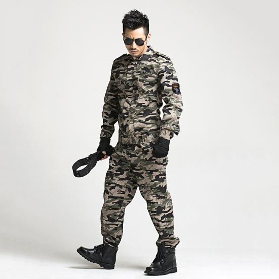 2Pcs/Set Lapel Long Sleeve Zipper Buttons Placket Cargo Coat Pants Men Multi Pockets Camouflage Print Work Training Outfit Male Clothing