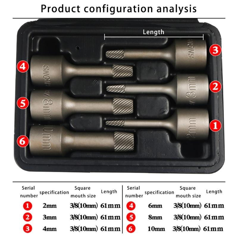 6Pcs 3/8 Screw Extractors Drill Set Extractors Bolt Set Slip Teeth Damaged Broken Bolt Removers Repair Demolish Tool