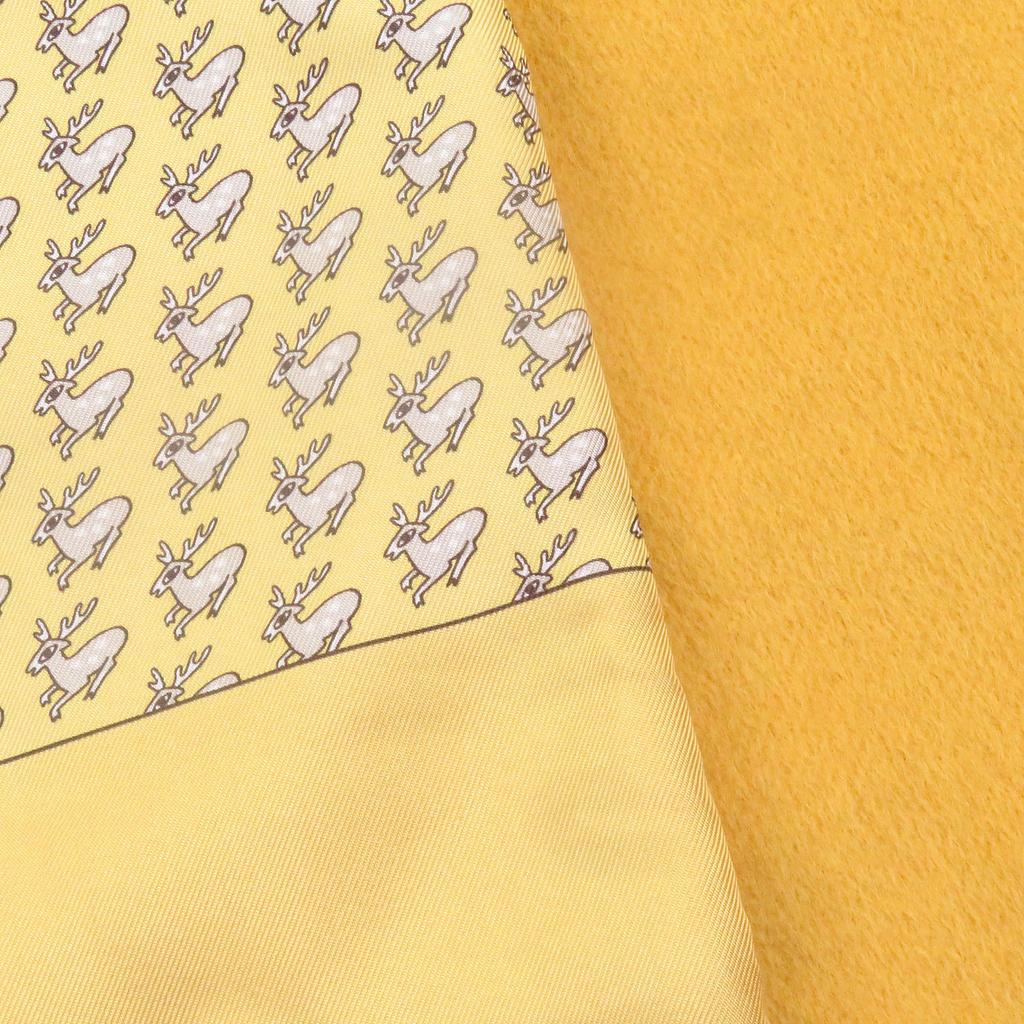 Excellent HERMES Scarf Deer Print Fringe Shawl Yellow Silk Mens Used