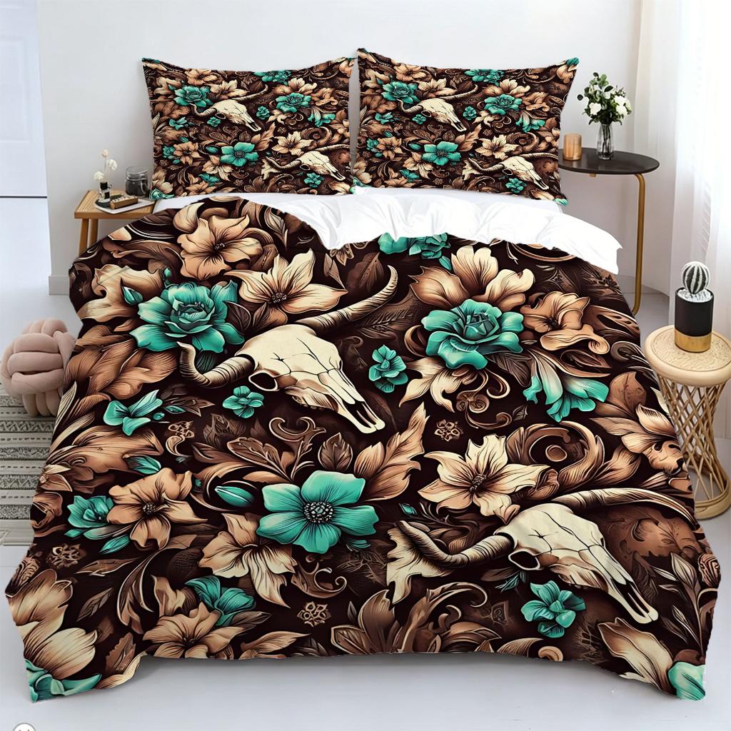 2/3Pcs Bohemian Bull Skull Duvet Cover Set,With Pillowcase Multi Size Bedroom Bedding Decor,Bohemia Rural Style Bedroom Decor