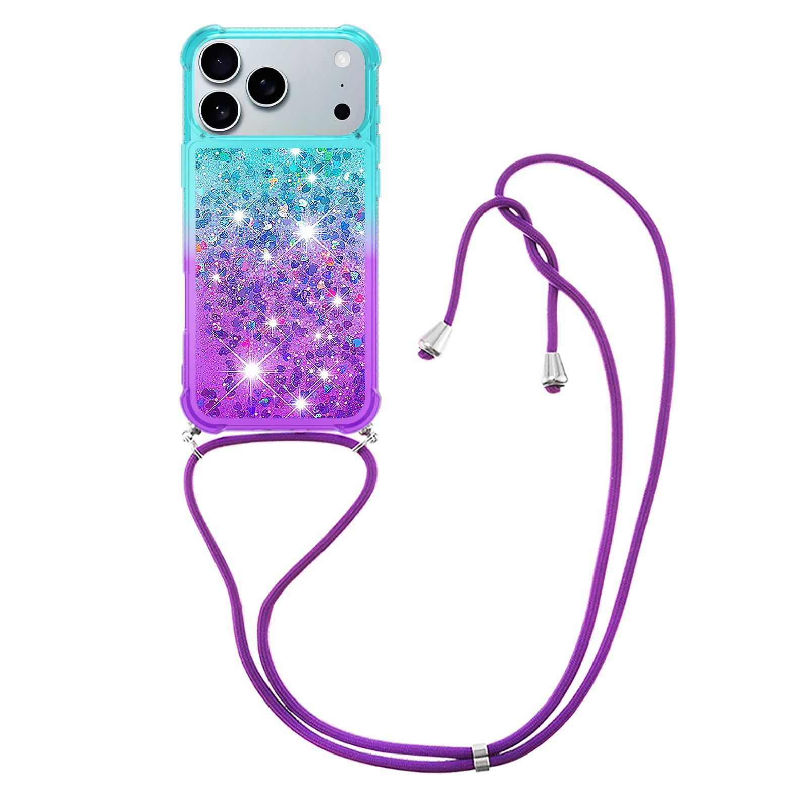 

For iPhone 17 Pro Max Phone Case Gradient Quicksand TPU Back Cover with Long Strap Sky Blue/Purple
