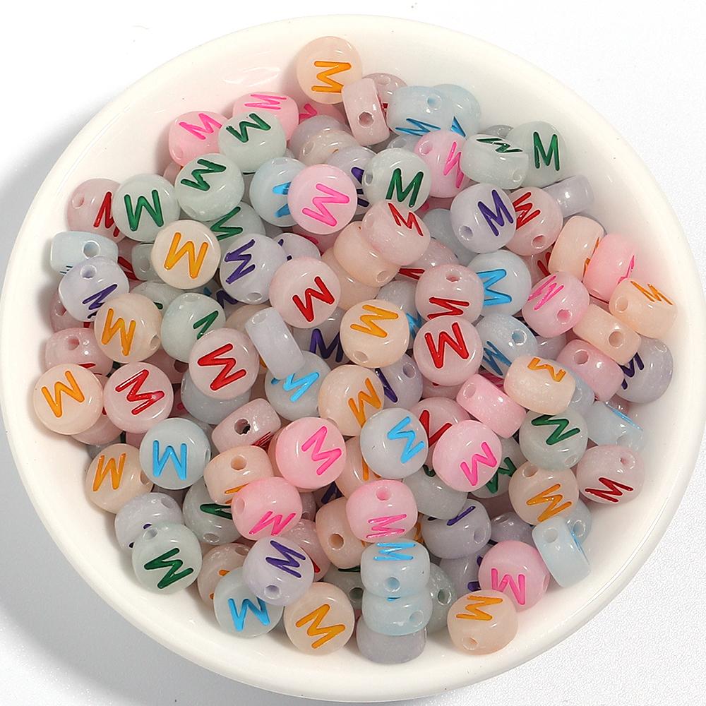 100Pcs/Lot 7mm Acrylic Luminous Beads Translucent Colorful Letter A-Z Flat Round Beads Diy Fashion Bracelet Necklace  Jewelry
