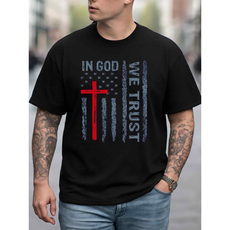 

European sizes Men S Christian Faith T-Shirt with Flag Cross Design - In God We Trust & John 14:6 Bible Verse - Breathable Black Casual Round 4XL чорний