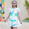 Girls Round Neck Flutter Sleeve Printed A Line Flared Dress Blue Pink White