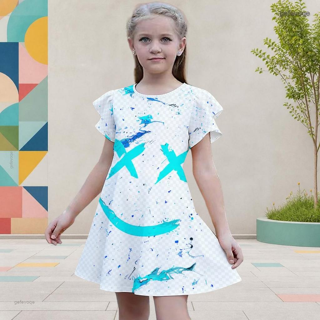 Girls Round Neck Flutter Sleeve Printed A Line Flared Dress Blue Pink White