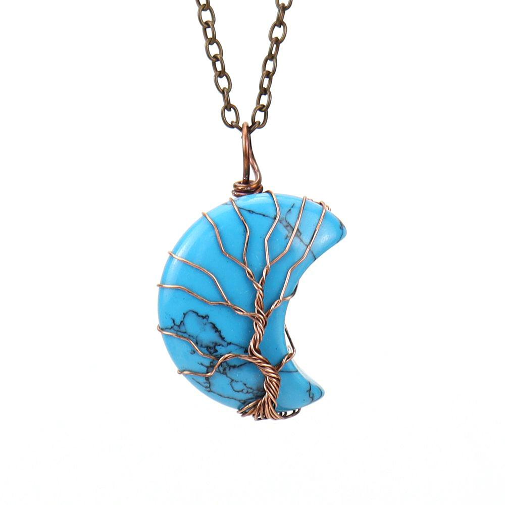 Moon Shape Design Natural Crystal Pendant Necklace With Tree Of Life Design For Women