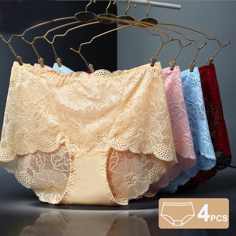 4 Teile/los Atmungsaktive Sexy Spitze Hohl Mid-Hohe Taille Plus Größe Damen Höschen Fett