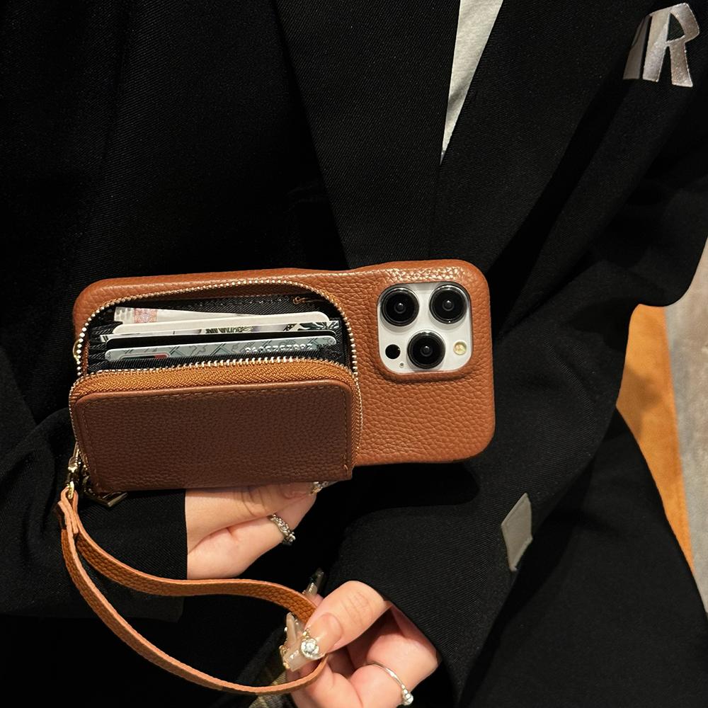 Für iPhone 15 Pro Max Hülle Reißverschluss Kartenfächer PU Leder Handy Rückseite mit Handschlaufe