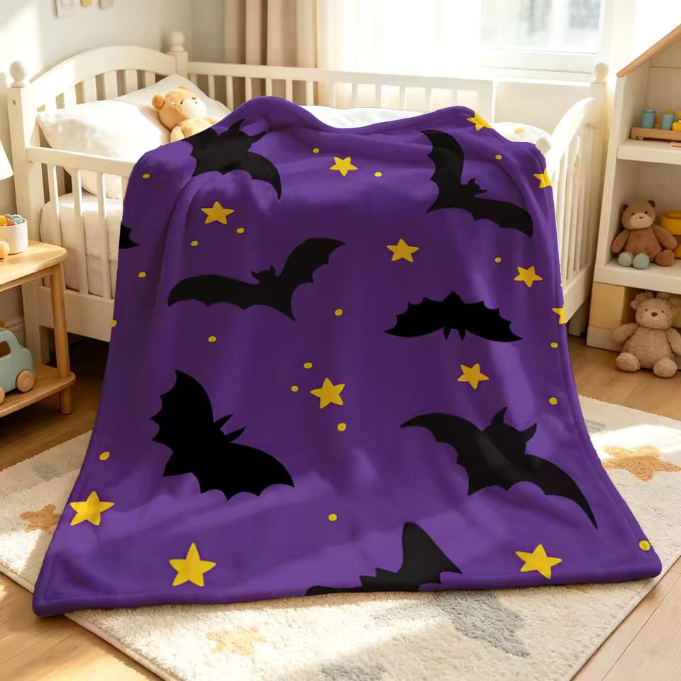 Purple Bats Yellow Stars Flannel Blanket Warm Soft Halloween Christmas Decorative Couch Warm Cozy All-Season Gift