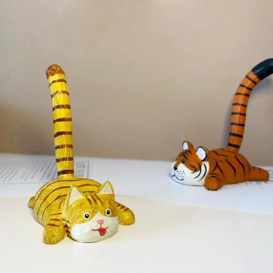 Tiger Cat Desktop Ornament Wooden Phone Stand, Ornament, Cute Artistic Sculpture Animal Holder, Handmade Decor, Creative Gift for Friends Office Desk