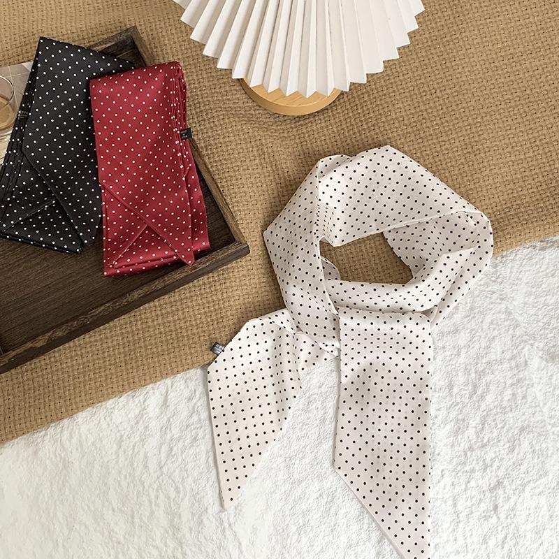 Polka dot silk scarf, long strip, high-end sense, summer retro binding, ribbon, streamer, multi-purpose, small scarf, headscarf, headband, belt.