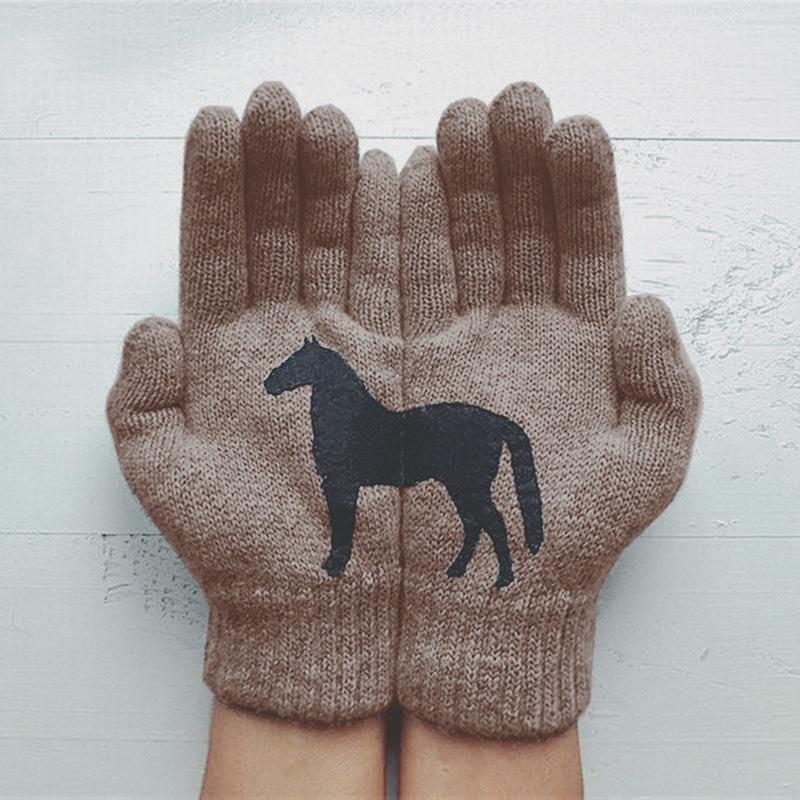 

WTEMPO Autumn Winter Women s Knitted Horse Printed Gloves Casual Warm Thickened Full Finger Gloves for Indoor & Outdoor in The Year of The Horse 1pair коричневий