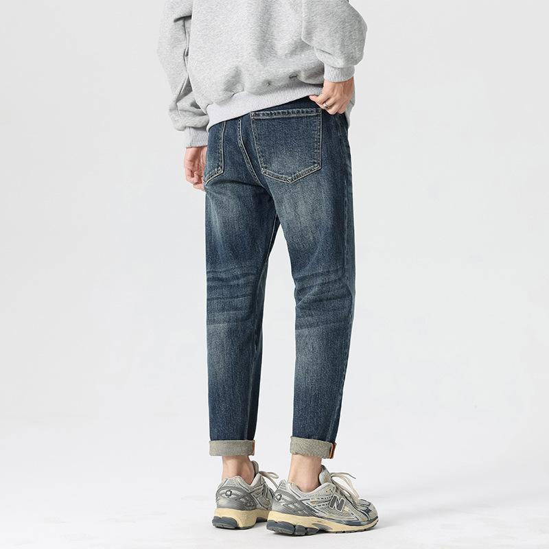 Autumn and Winter Velvet Slim Slightly Tapered Small Foot Elastic Jeans Men's Trend Washed Retro Dad Denim Trousers