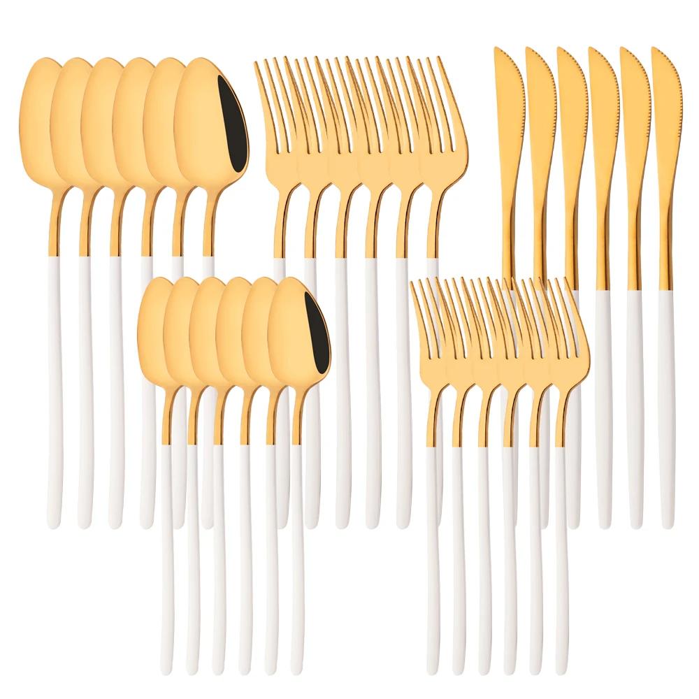 30Pcs/Set Stainless Steel Dinner Mirror Gold Dinnerware Set Knife Dessert Fork Spoon Cutlery Set Kitchen Flatware Silverware Set