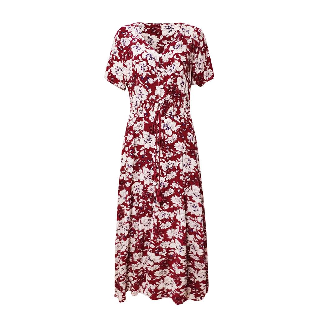 Women's Floral Printed Button Up Short Sleeve Split Flowy Party  Long Dress