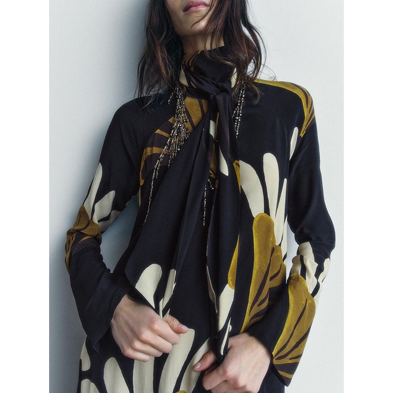 Za2025 Spring New Women's Clothing Casual Loose Temperament Printed Asymmetric Draped Collar Dress 0017658