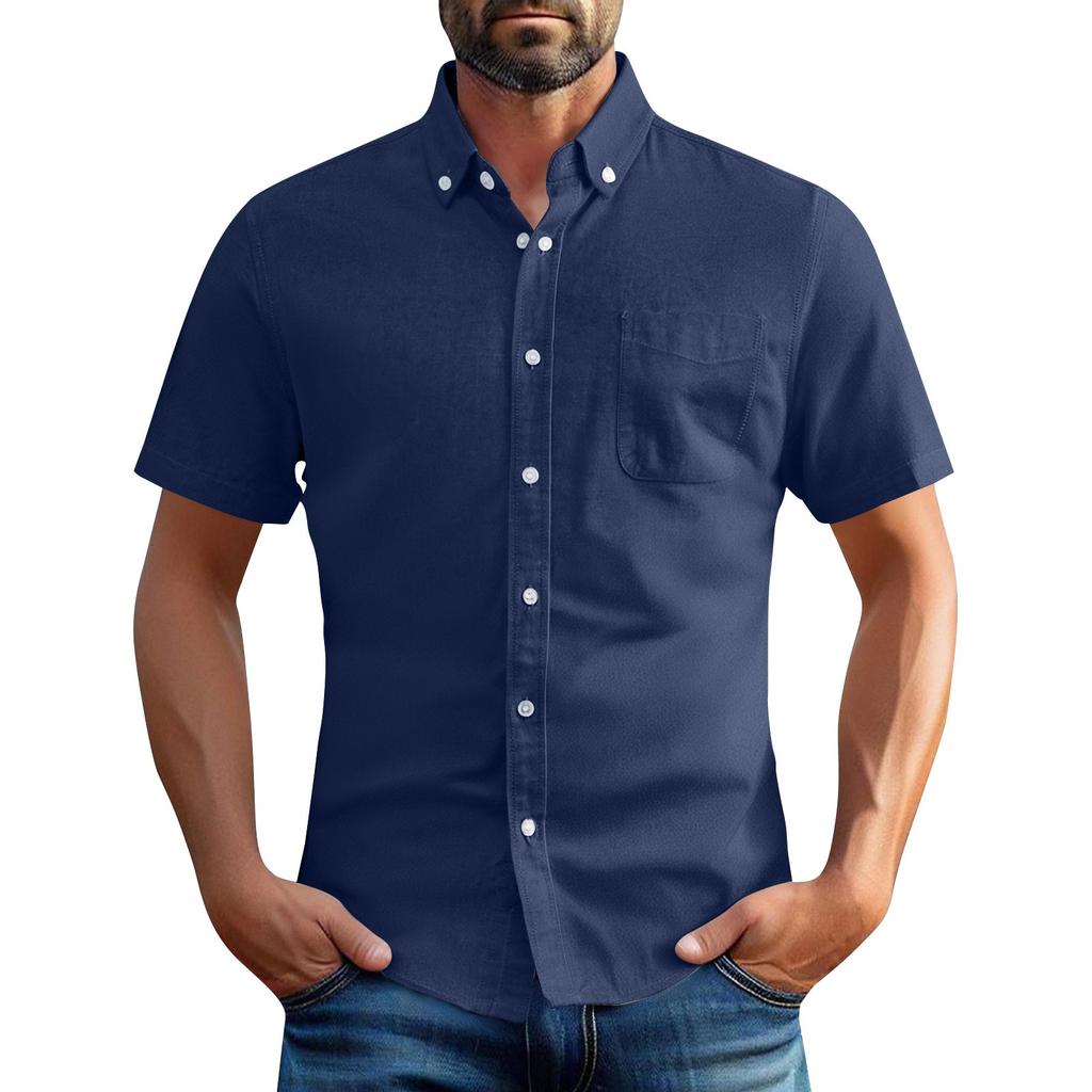 Men's Summer Oxford Cotton High-Quality Solid Color Short-Sleeved Shirt