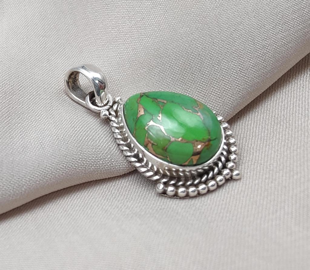 Green Copper Turquoise Pendant: Sterling Silver Boho Necklace