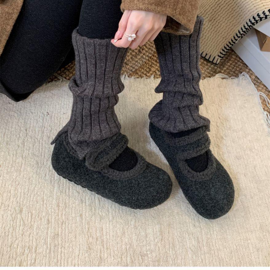 Fashion Thick Soled Fleece Flet Ballet Flats Woman Winter Warm Wool Mary Jane Shoes Ladies Brand Design Elegant Plush Loafers