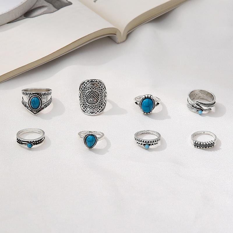 Fashionable Boho Style Turquoise Leaf Totem 8-piece Ring Set for Women