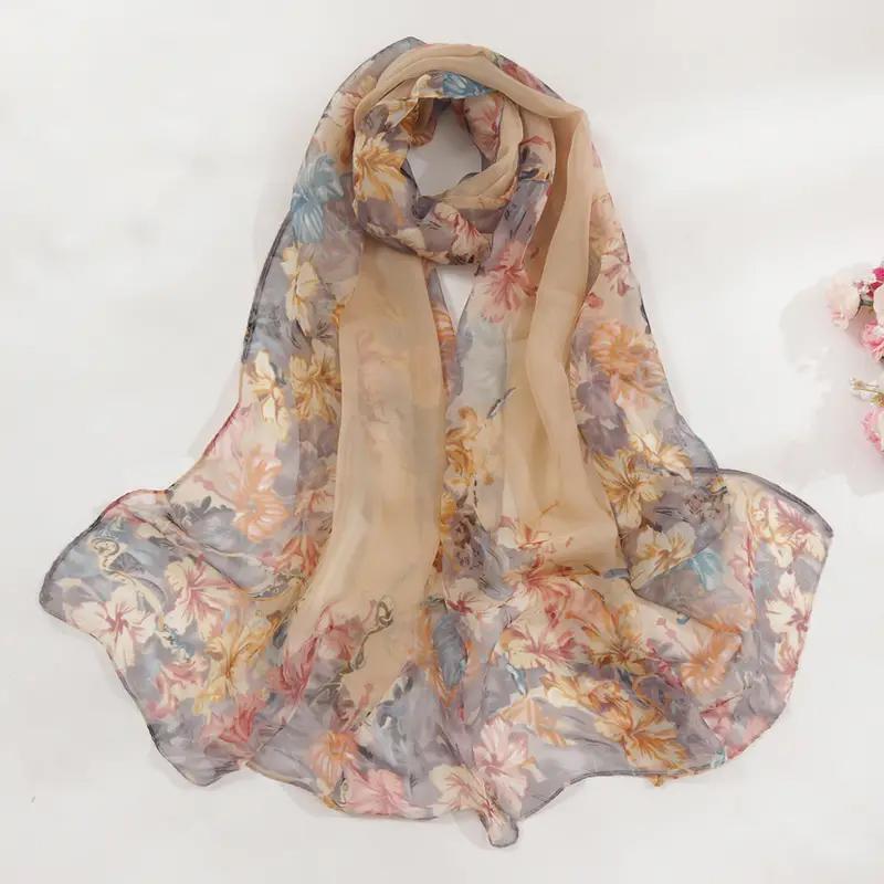  New Fashion Summer Women Beach Scarf Floral Designer Chiffon Silk Shawls Female Headband Wraps Sunscreen Hijab