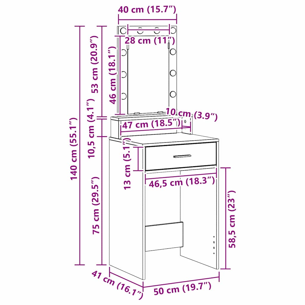 Makeup Table with Drawers Gray 50 x 41 x 140 cm Engineered Wood