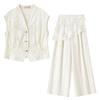 Women's V-Neck Lace Vest and Linen Blend Pants Set