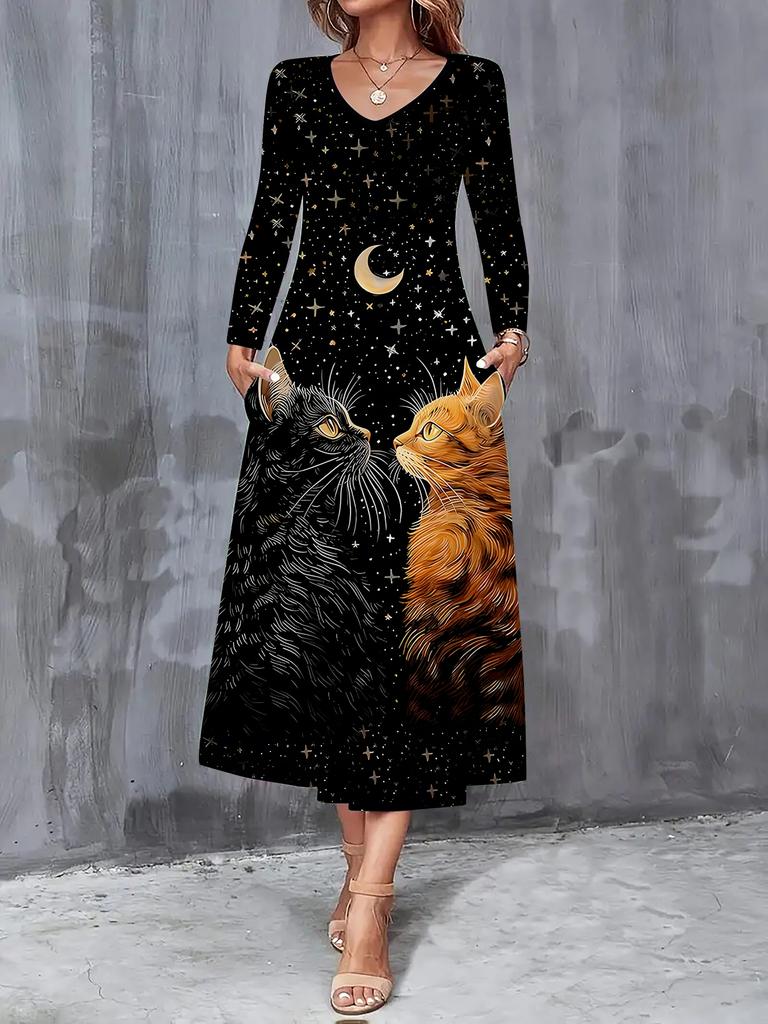 2025 Autumn and Winter New Women Casual Fashion Dress Autumn 3D Cat Print Long Sleeve V-Neck A-Line Dresses