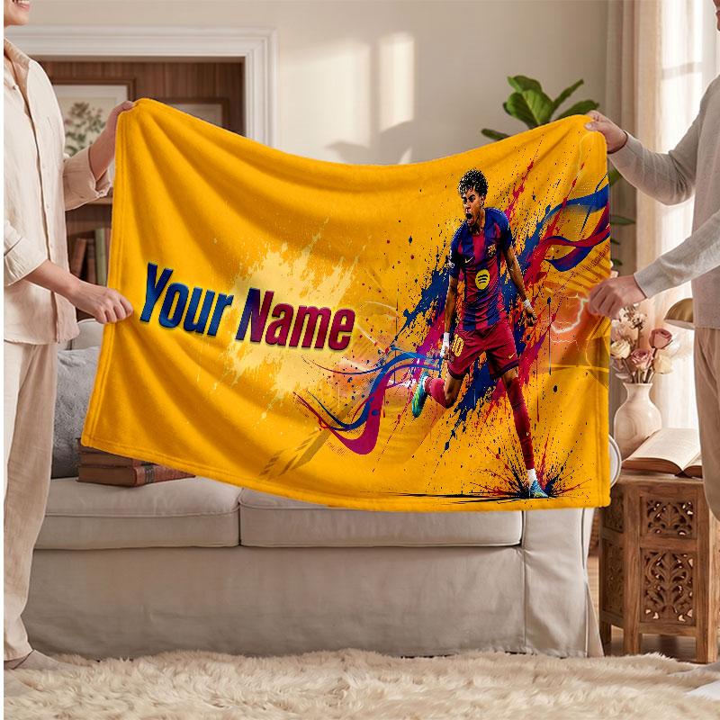 Coperta in pile personalizzata Lamine Yamal con logo del calcio, testo con nome personalizzato, morbida, calda, coperta da divano per la casa