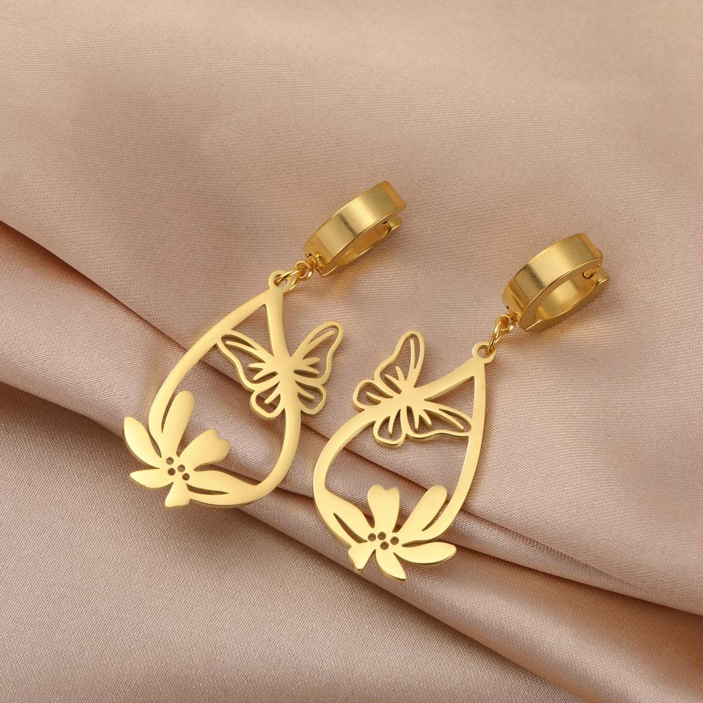 Teamer Butterfly and Flower Waterdrop Pendant Earrings Women Girls Stainless Steel Gold Color Hoop Earring Bohemian Jewelry Gift