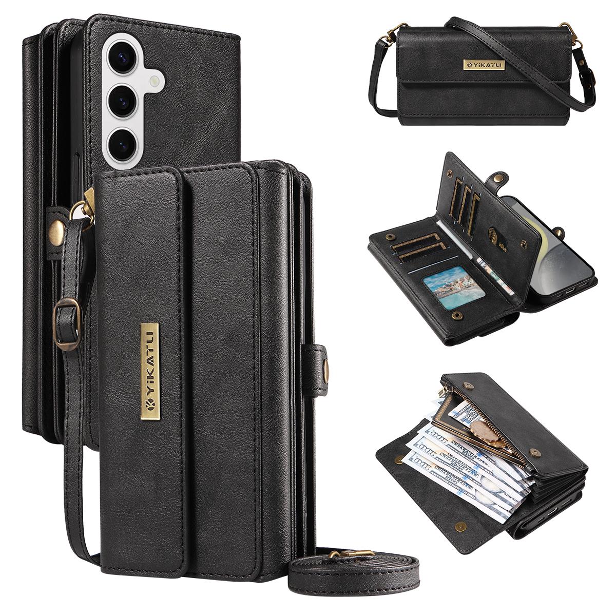 

For Samsung Galaxy S25/Galaxy S24 Case YIKATU YK-008 Zipper Wallet Leather Phone Cover with Shoulder Strap Black