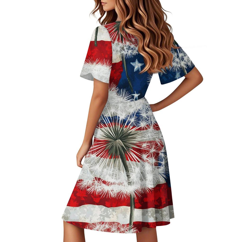 Dámské ležérní módní šaty Vintage květinové květinové šaty s krátkým rukávem a výstřihem do V