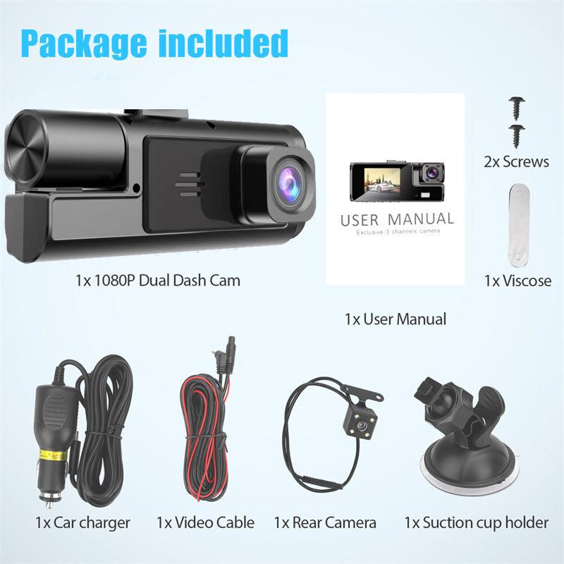 High-Definition Dual-Lens Dash Cam with Wide-Angle Night Vision and WiFi for Front, Interior, and Rear Recording
