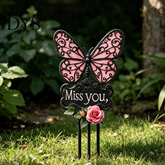 Miss You Commemorative Sign Butterfly Memorial Garden Stake, Sign, Pink Acrylic Rose Decor Yard Art Stake for Lawn Courtyard Cemetery Decoration