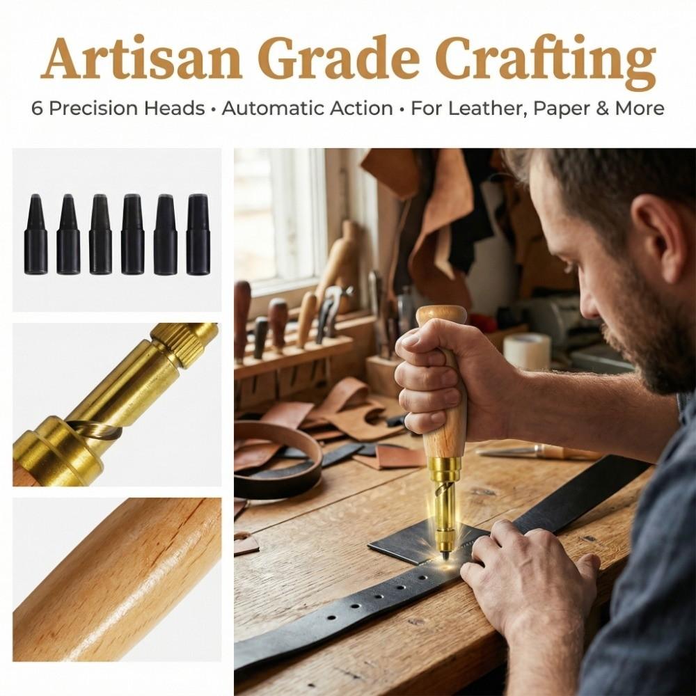 Wooden Handle Belt Hole Puncher 6 Tips Size Automatic Punching Tool Screw Punch  Wristband