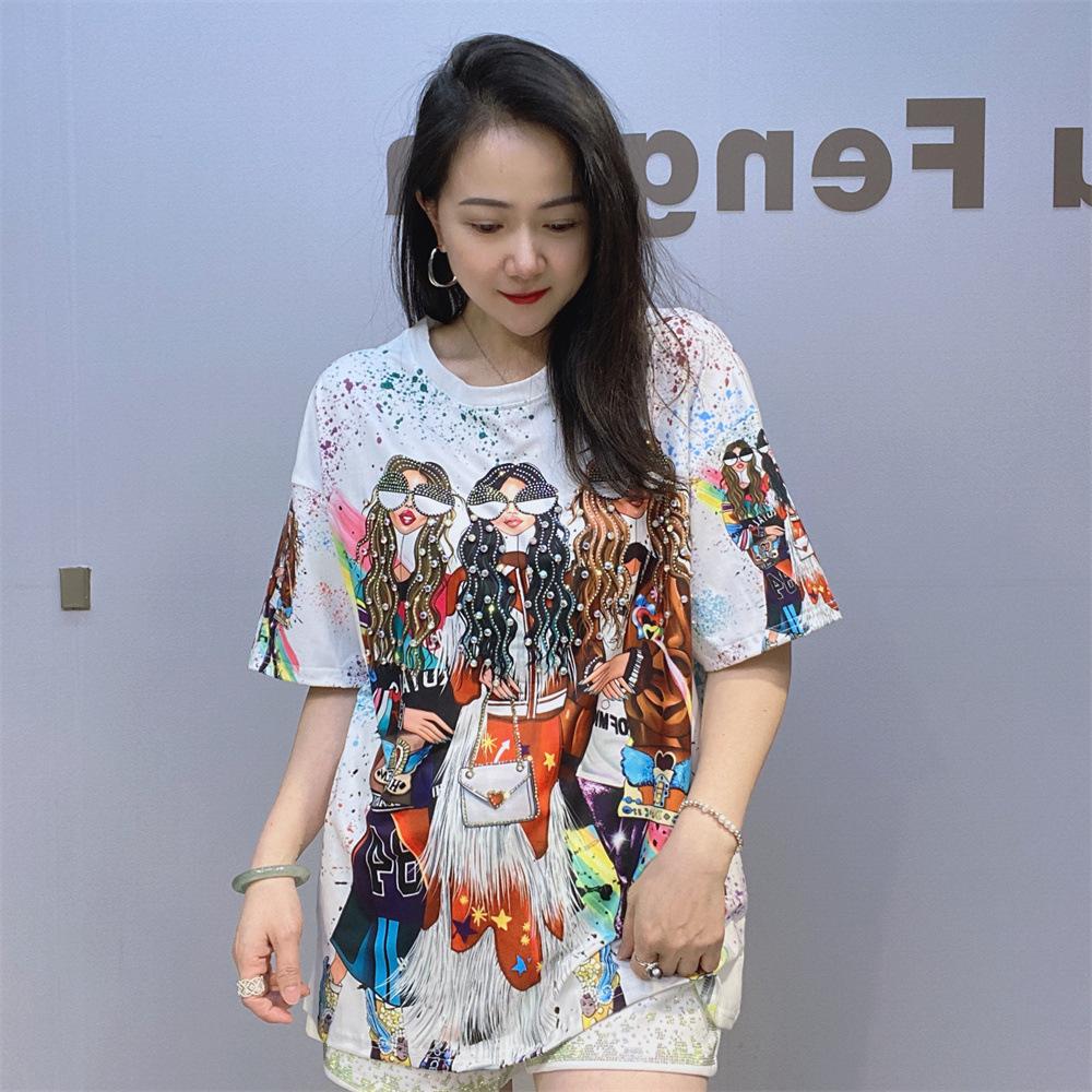 2025 Fashion Printed T Shirts for Women Summer Clothes Casual Colorful Character Diamonds Beading Female Short Sleeve Tops Tee
