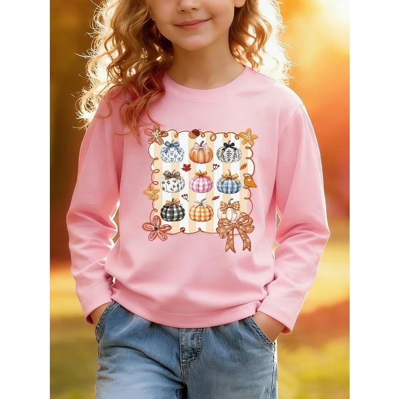 European sizes Kids' Long Sleeve Top, Fashion Kids' Long Sleeve T-Shirt, Fun Pumpkin Print Top, Cute Top, Suitable for Daily Casual