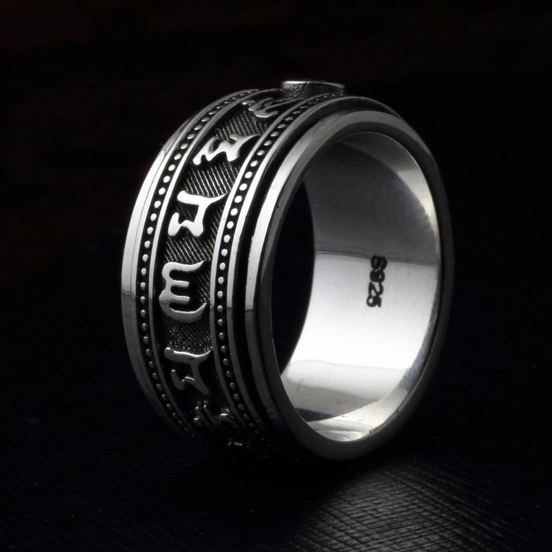 Retro Double Layer Rotatable Ring Men Jewelry Blessing Six-syllable Great Bright Mantra Ring Male Index Finger Accessories Sizes