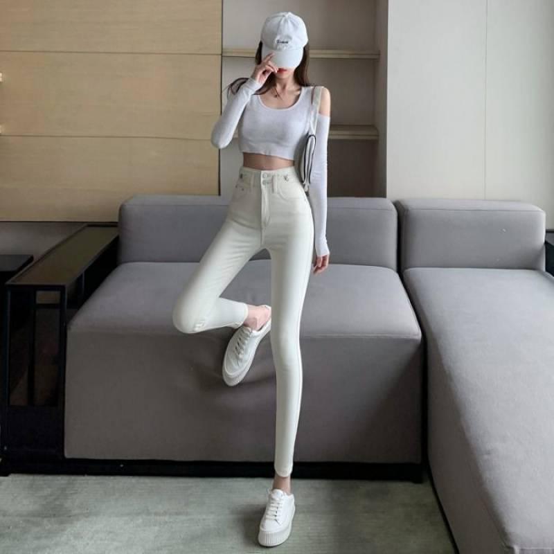 Women's High-Waist Slim Stretchy White Denim Jeans, Plus Velvet, Versatile & Flattering Skinny Pencil Pants - Autumn/Winter 2025 Trend.