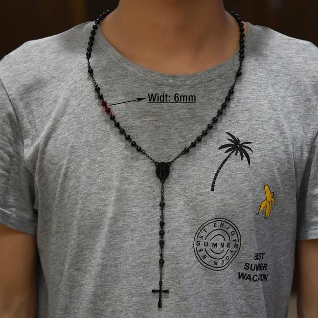 Edelstahl Rosenkranz Halskette für Männer Frauen Religiös Kugelkette Christliches Münz Kreuz Anhänger Jesus Schmuck Zubehör