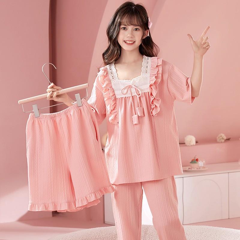 Girls Cotton Pajama Set Short Sleeve Princess Style Sleepwear Kids 8 Years Lightweight Home Wear