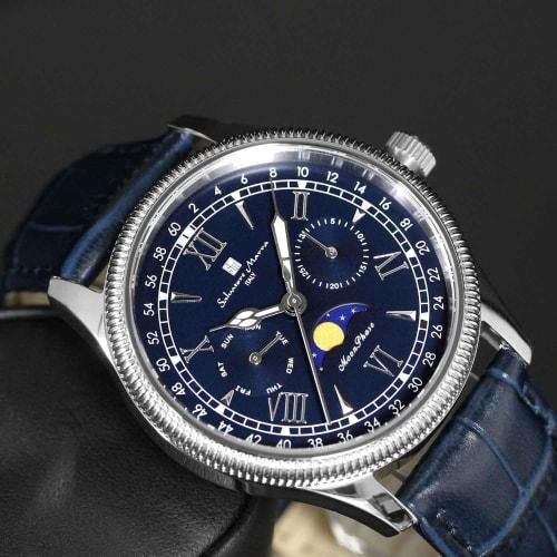 Salvatore Marra Men's Limited Edition Silver/Blue Watch, Moon Phase, Multi-Calendar, 5 ATM Water Resistance, Leather Strap, for Business and Formal We