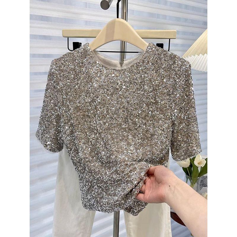 

Нишевый дизайнер | Тяжелая промышленность Блестящие Пайетки Ручной работы Доступная Роскошь Трендовая Футболка с коротким рукавом и круглым вырезом прямого кроя Женский топ Gray L