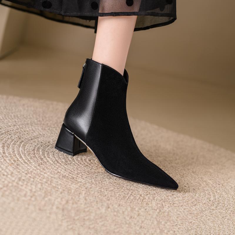Fashion 2024 New Autumn Sheep Suede Women Boots Pointed Toe Chunky Heel Boots for Women Winter Short Boots Genuine Leather Ladies Shoes